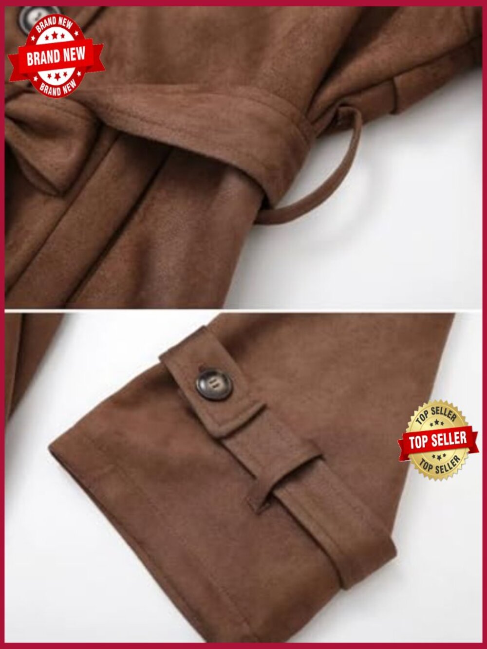 Faux Suede Open Front Long Trench Coat Double Breasted Maxi Overcoat with Belt - Picture 5 of 5
